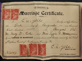 1900 Antique Marriage Cert Bangor Pa Henry Cole Lizzie Messinger Revenue Stamps - £70.36 GBP