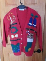 MAGGIE LAWRENCE Chunky Christmas Cardigan Sweater LG Vintage V-Neck Embe... - £31.25 GBP