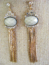 White Faceted Cabochon Gold Chain Rhinestones Pierced Post Style Earrings - $5.93