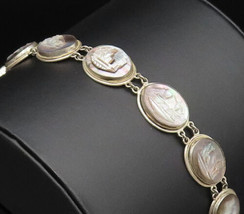925 Silver - Vintage Carved Mother Of Pearl Sailboat Scenery Bracelet - BT9676 - £98.16 GBP