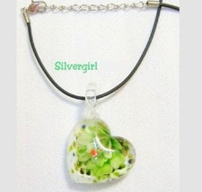 Lampwork Green Floral Encased Glass Heart Pendant Necklace - £9.43 GBP