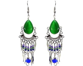 Teardrop Shaped Cat&#39;s Eye Glass Bead Long Beaded Metal Chip Stone Dangle Earring - £7.90 GBP+