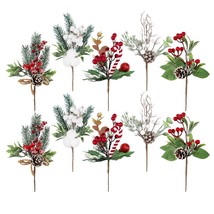 Christmas Berries Pine Picks 4 Pack Artificial Red Berry Pine Branches Stems For - £23.44 GBP