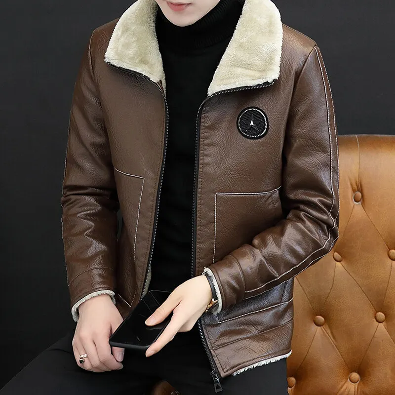  Collar Plus Velvet Leather Jacket Men&#39;s Winter Lapel Motorcycle Leather Jacket  - £161.74 GBP