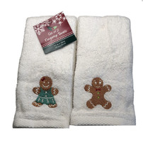 Christmas Fingertip Towels Gingerbread Man Woman Embroidered White Set of 2 Bath - £22.87 GBP