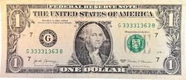 $1 One Dollar Bill G 33331363 B trinary 6oak fancy serial - $27.97