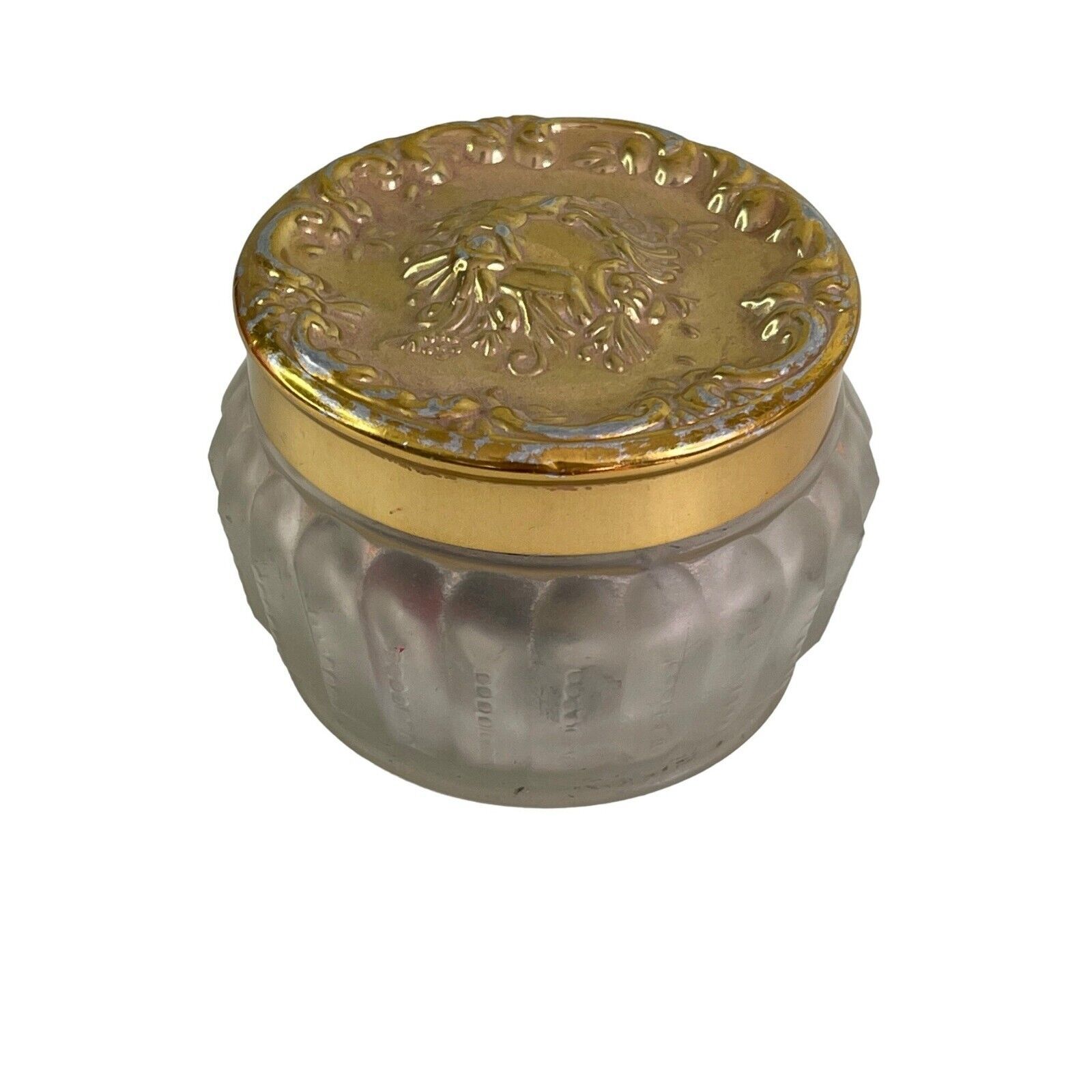 Vintage Estee Lauder Re-Nutriv Face Powder Vanity Jar Frosted Glass Gold Tone Li - $28.05