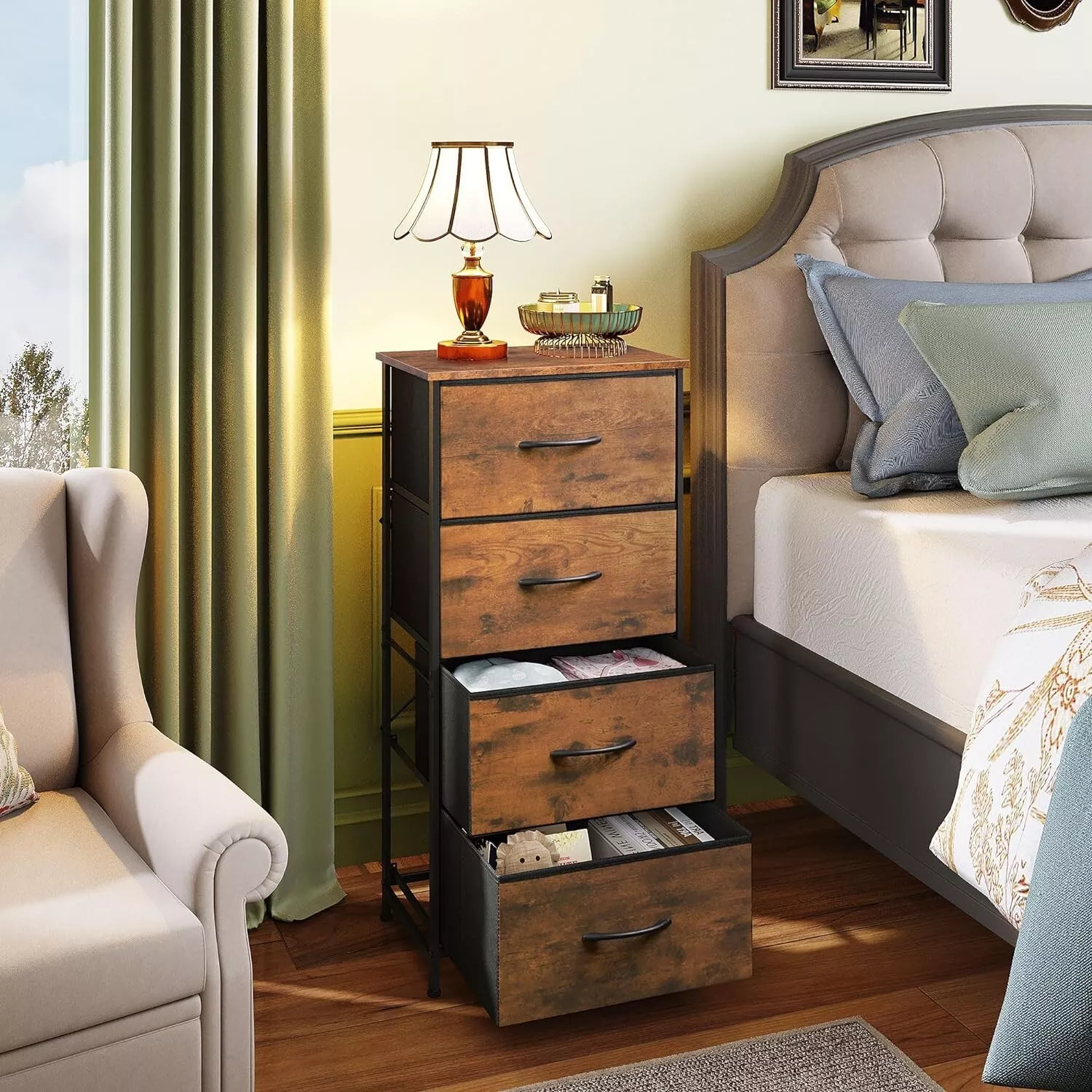 Rustic Wood Tone Living Room End Table Shelf with 4 Drawer Storage for S... - €39,47 EUR