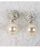 Vintage Stud Pierced Earrings Clear Crystal Encrusted Button 1&quot; Faux Pea... - £11.82 GBP