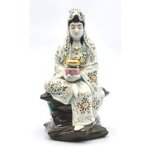 Rare Asian porcelain Guan Yin Figurine atop a rocky pedestal holding a C... - $330.48