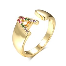 Hot Sale Adjustable A-Z Initial Ring Bohemian Copper Zircon Rainbow Letter Ring  - £6.26 GBP