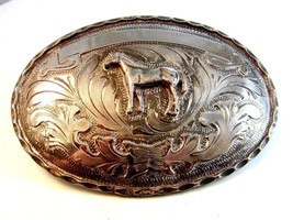 Vintage Mexican Alpaca Silver Horse Pony Western Cowboy Belt Buckle 5&quot; X 3 1/2&quot; - £124.28 GBP