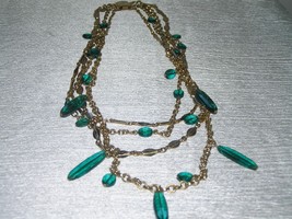 Vintage Multistrand Goldtone Chain Link with Green Plastic Bead Dangles Necklace - £11.18 GBP