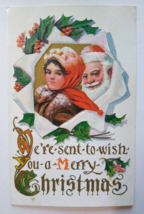 Christmas Santa Claus Postcard Embossed Holly Leaves Unused Vintage Antique - £5.45 GBP