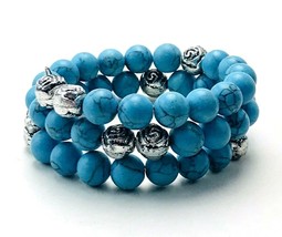 Faux Turquoise Etched Silver Tone Beaded Memory Wire Wrap Bracelet - £10.90 GBP