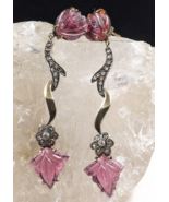 Natural Pink Tourmaline Carved Diamond 18K Gold 925 Silver Victorian Ear... - £439.14 GBP