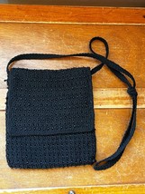 Small Black Crocheted w Plastic Beads Evening Purse w Flap &amp; Zipper Clos... - £8.99 GBP