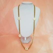 Vintage Long Gold Tone Station Chain White Enamel Flowers Necklace - £14.88 GBP