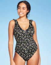 Women&#39;s Ruffle Neck One Piece Swimsuit - Shade &amp; Shore XL Black Floral NWT - £18.51 GBP