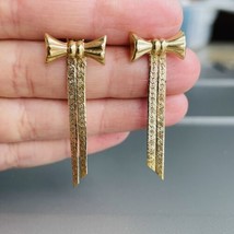 14k Yellow And Rose Gold Bow Herringbone Chain Fringe Dangle Vintage Earrings - £448.17 GBP