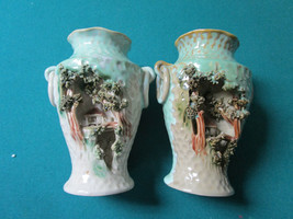 Japanese Carved Town 2 Vases Glossy Light Green Urns - £122.21 GBP