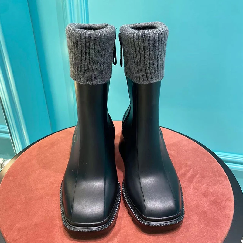 2024  Hot sale Rain Boots Women Brown Grey  Heel Mid Calf Boots   Chelsea Boots  - £220.12 GBP