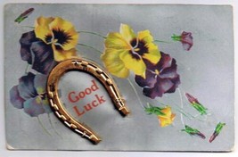 Greeting Postcard Good Luck Pansies With Plastic Horsehoe Attached Samson Bros. - £6.37 GBP