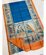 Pure tussor blue ghicha silk madhubani print saree for women - £95.63 GBP