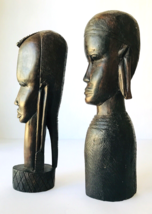 African Carved Wood Man Woman Heads Busts Ebony Ironwood 2 Figurines 8.75&quot; 9.5&quot; - £88.62 GBP