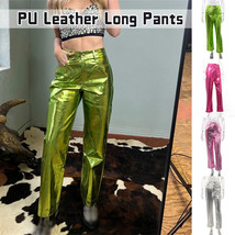 Shiny PU Leather Pants Women Metallic High Waist Straight Trousers Stree... - $23.19