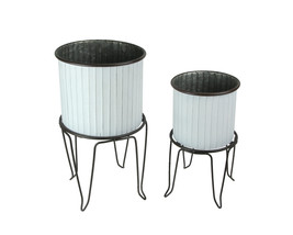Set of 2 White Charcoal Round Metal Tub Planters On Stands - £49.74 GBP