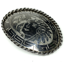 Vintage Men&#39;s Belt Buckle Aztec Design Woman&#39;s Face Headdress Silver Tone - $41.99