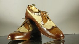 Handmade Men&#39;s Brown Beige Leather Suede Wing Tip Brogue Lace Up Designer Shoes - $144.99