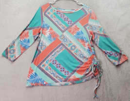 Ruby Rd. Blouse Top Womens Petite Medium Multi Geo Print Rayon Ruched Round Neck - £13.18 GBP
