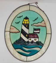 Vintage Stained Glass Wall Window Panel Hand Painted Lighthouse Nautical 11&quot;x9&quot; - £79.68 GBP