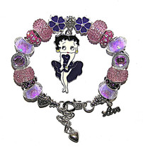 Betty Boop Charm Bracelet With European Beads and Charms Purple Shimmer, Love - £25.27 GBP