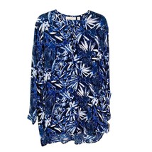 Sejour Shirt 16W Tie Neck LS Floral Tunic Navy Blue White Pockets Stretc... - £20.17 GBP