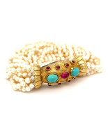 18K Yellow Gold Multi-Strand Pearl Bracelet w/ Turquoise and Pink Stone ... - €4.738,45 EUR