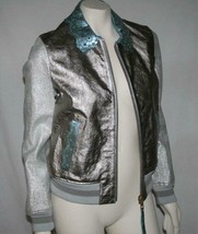 Hilfiger Collection Runway Silver Metallic Leather Bomber Jacket Size 6 - £258.12 GBP