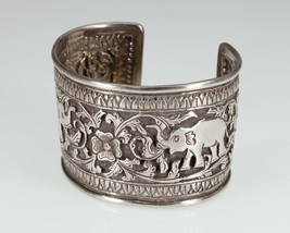 Gorgeous Repousse Elephant Sterling Cuff Bracelet 47mm Wide, 86.7g - $475.22