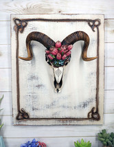 Rustic Western Corsican Ram Skull With Red Tulips Wooden Wall Decor Plaque - £36.76 GBP