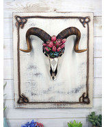Rustic Western Corsican Ram Skull With Red Tulips Wooden Wall Decor Plaque - £36.71 GBP