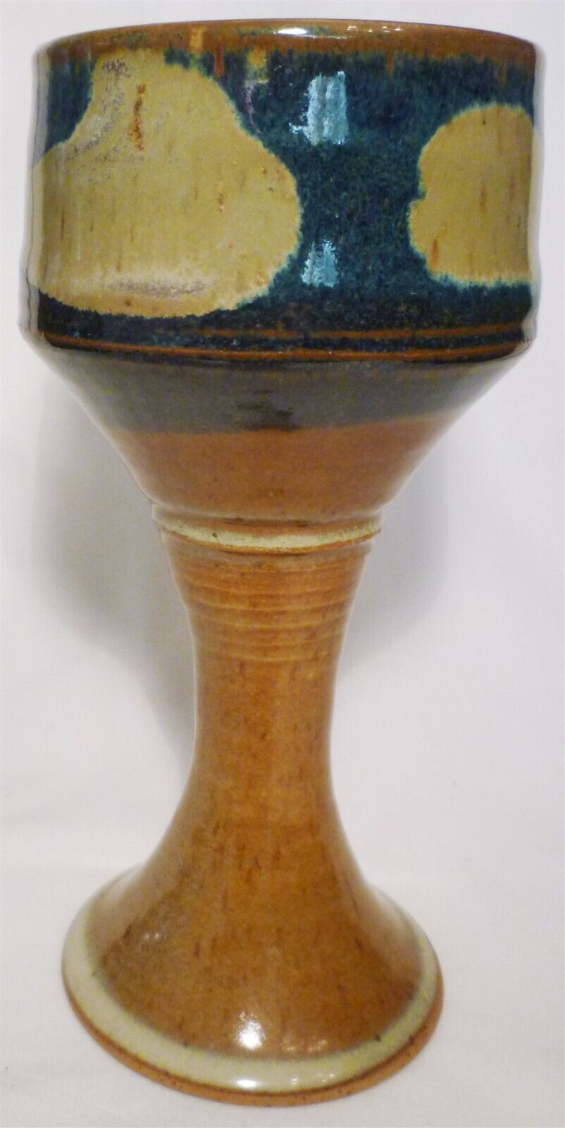 STUDIO ART POTTERY PEDESTAL STEMMED GOBLET CANDLE HOLDER BLUE BROWN SWIRL - $24.00