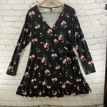 H&amp;M Divided Dress Womens Sz XL Black Pink Floral Print Long Sleeves - $14.84