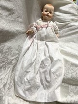 Vtg Beautiful MBI Porcelain jointed Baby doll Christening Dress Slip sleepy blue - £39.52 GBP