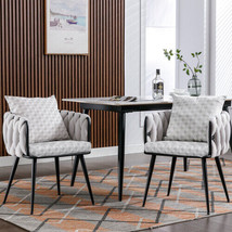 Beige Modern Velvet Dining Chairs Set of 2 Hand Weaving Accent Chairs - £110.21 GBP