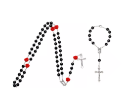 Black &amp; Red Rose Bead 5 and 1 Decade Rosary Gift Set Catholic Christian 8mm bead - £15.81 GBP