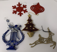 5 PC Glitter Christmas Ornaments Tree Deer Harp Snowflake Gold Blue Gold Purple - £6.26 GBP