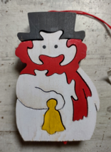 Vintage Wooden Painted Snowman Puzzle Christmas Ornament Holding Bell 3.5&quot; - £4.65 GBP