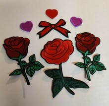 Assorted Set Of Red Purple Roses Hearts Ribbon Iron-on Patches - £5.53 GBP